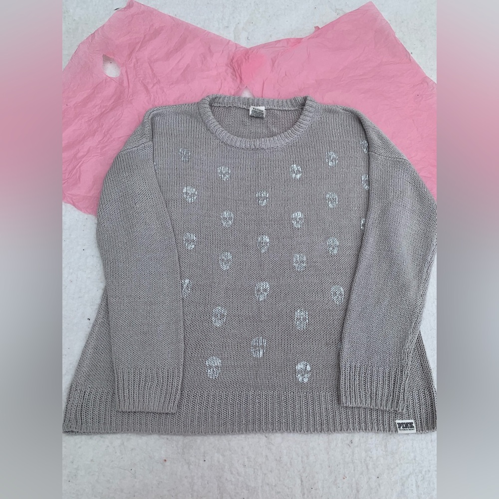 VS Pink silver foil skull sweater Sz M